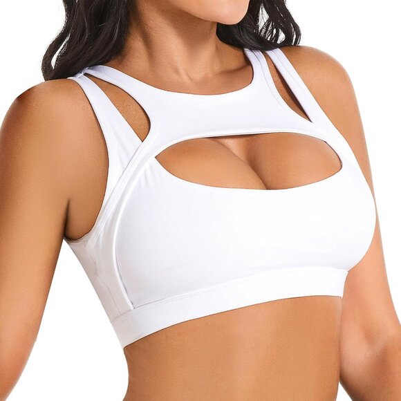 🆕Women White NylonPush Up Sport Bra Hollow Crop Top Medium Support Yoga Workout - Picture 1 of 7